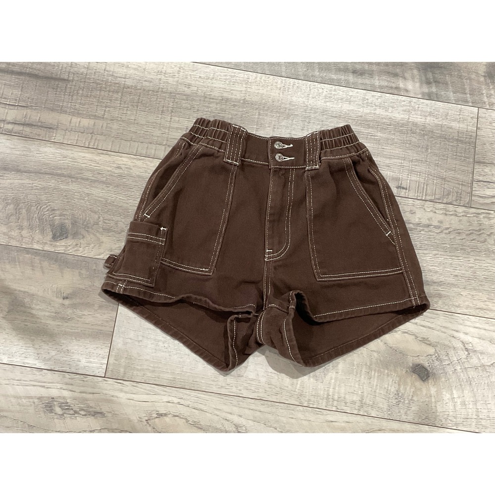 Simple Society Brown Denim Carpenter Shorts White Contrast Stitch Womens 1/25‎